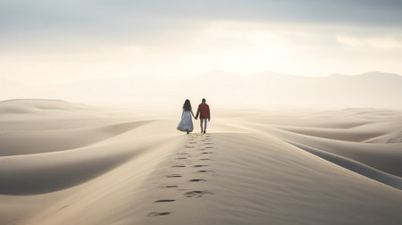 Wedding couple walking in the desert at sunset with sand dunesの素材