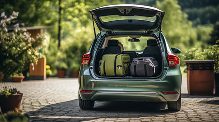 Open trunk of car with luggage on the road in the forest.の素材