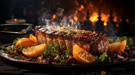 Delicious grilled pork loin with orange and vegetables on wooden tableの素材