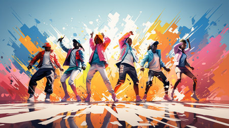 Group of young people dancing hip-hop. Colorful background.の素材