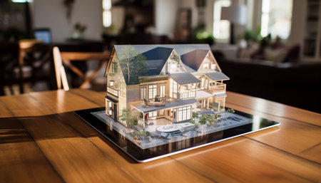 House model on a digital tablet in a cafe. Real estate concept.の素材