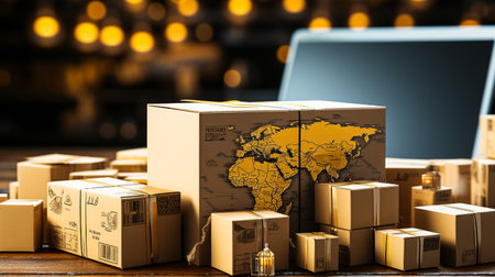 3d illustration of cardboard boxes with world map on table in warehouseの素材