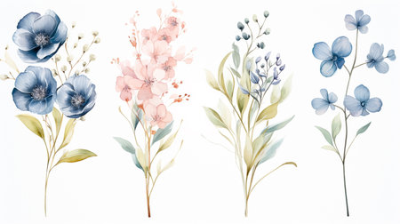 Watercolor flowers on white background. Hand drawn illustration. Floral composition.の素材