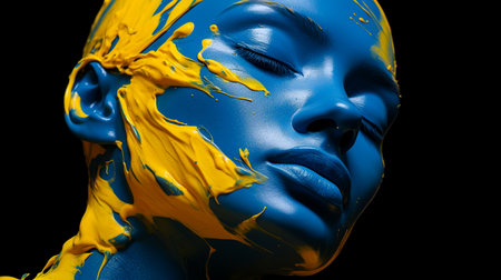 3d illustration of a beautiful woman with blue and yellow paint on her faceの素材