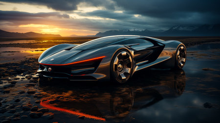 3D rendering of a brand-less generic concept car in the desertの素材