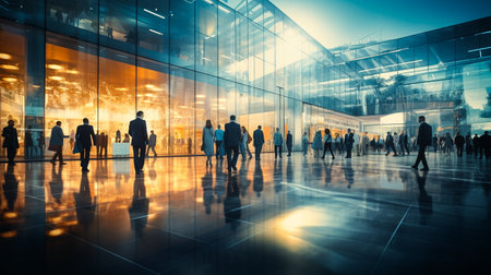 Silhouettes of people walking in the modern business center. 3d renderingの素材