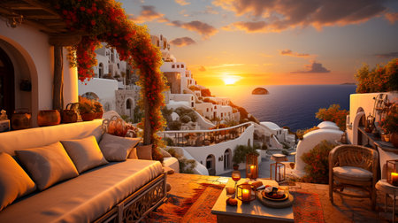 Oia village on Santorini island, Greece at sunset.の素材