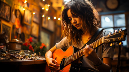 Young woman playing acoustic guitar in a cafe, closeup.の素材