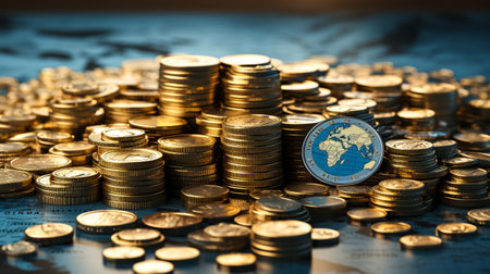 Gold coin with earth on the background of the world map. The concept of saving money.の素材