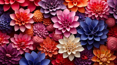 colorful dahlia flower background. 3d render illustration.の素材