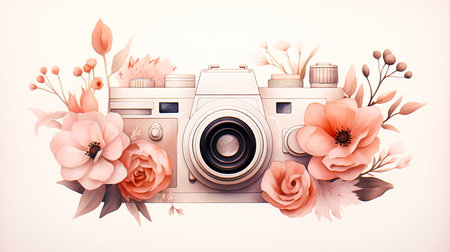 Retro camera and flowers on white background. 3D illustration.の素材