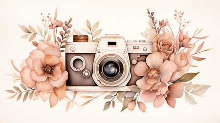 Flowers composition with vintage camera and floral elements. Flat lay, top viewの素材