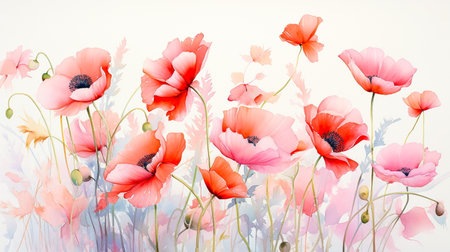 Poppies flowers, watercolor painting on white background, vector illustrationの素材