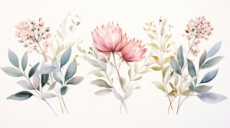 Watercolor painting of flowers, leaves and branch, on white backgroundの素材