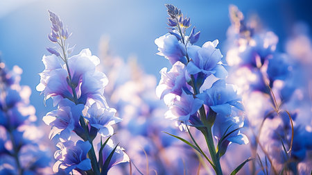 Beautiful blue gladiolus flowers in the field. Nature backgroundの素材
