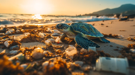 Green sea turtle on the beach at sunset. The concept of environmental protection.の素材