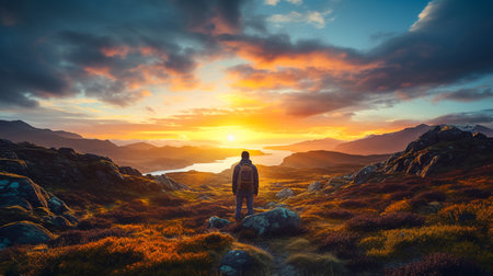 Man standing on a rock looking at the sunset in the mountains.の素材