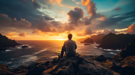Young man sitting on the edge of a cliff and watching the sunsetの素材