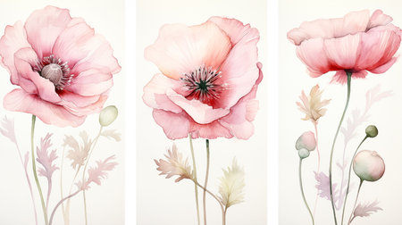Set of three vector floral backgrounds with poppies in pastel colorsの素材