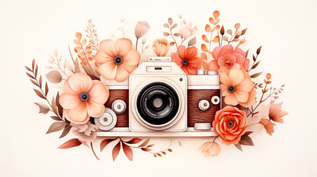 Vintage camera with flowers and leaves on white background. Vector illustration.の素材