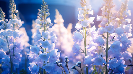 Blue delphinium flowers blooming in the garden at sunsetの素材