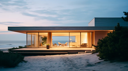 3d rendering of modern cozy house on the beach with pool and parking for sale or rent. Beautiful sunset in the background.の素材