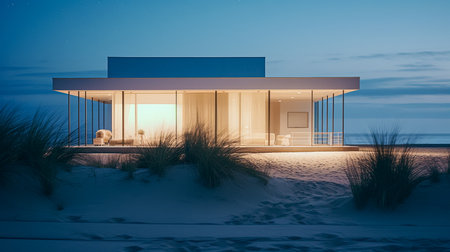 3d rendering of a modern house on the beach at night.の素材