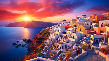Oia village on Santorini island at sunset, Greece.の素材
