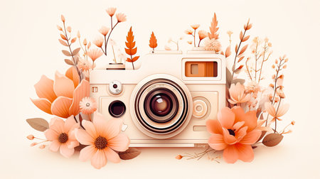 Retro camera with flowers and leaves on white background. Vector illustration.の素材