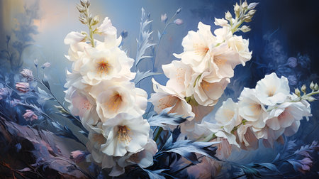 Bouquet of beautiful white gladiolus flowers on blue backgroundの素材