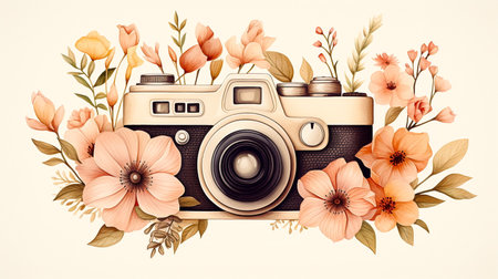 Retro camera with flowers and leaves on white background, vector illustrationの素材