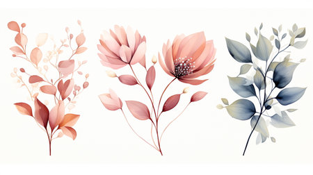 Vector set of watercolor floral elements. Hand drawn illustration.の素材