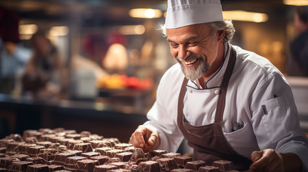 Portrait of smiling senior male confectioner making chocolate candiesの素材