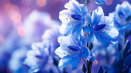 Beautiful blue flowers on blurred background. Floral background with bokeh effectの素材