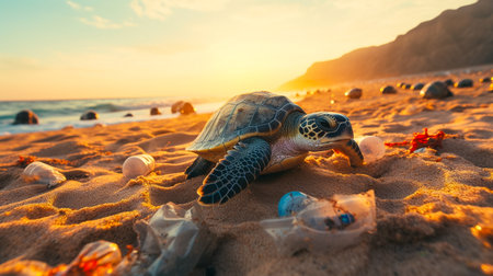 Sea turtle with plastic garbage on the beach at sunset. Concept of environmental pollutionの素材