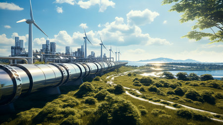 Wind turbines and high-rise buildings in the background. 3D renderingの素材