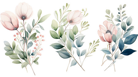 Beautiful vector watercolor set with flowers and leaves. Hand drawn illustration.の素材