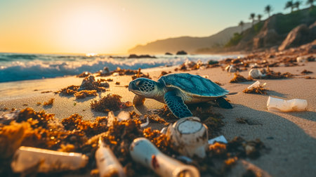 Green sea turtle washed up on the beach at sunset. Pollution conceptの素材