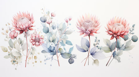 Watercolor protea flowers and eucalyptus leaves illustration.の素材