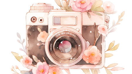 Watercolor illustration of a retro camera with flowers on a white backgroundの素材