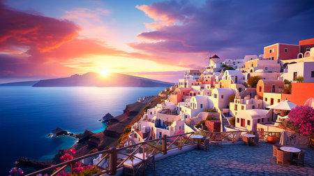 Oia village on Santorini island at sunset, Greece.の素材