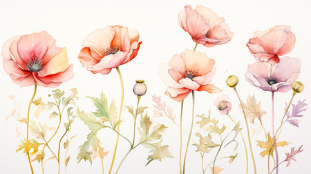 Poppies on a white background, watercolor illustration, floral backgroundの素材