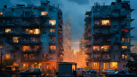 Apartment building in the city at night with traffic on the roadの素材