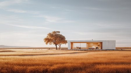 Modern house in a field with a tree in the background, Australiaの素材
