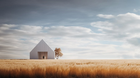 Conceptual image of small white house in field against cloudy skyの素材