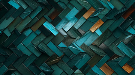 3d illustration of abstract geometric background. Green, blue and brown square mosaic tilesの素材