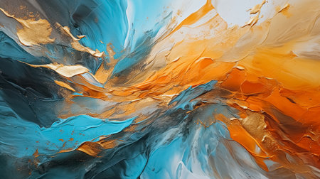 Abstract background of acrylic paint in blue, orange and gold color tonesの素材