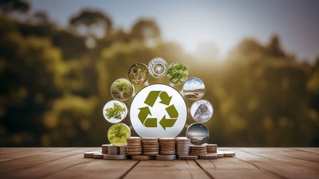 Recycling symbol and coins on wooden table with nature background.の素材