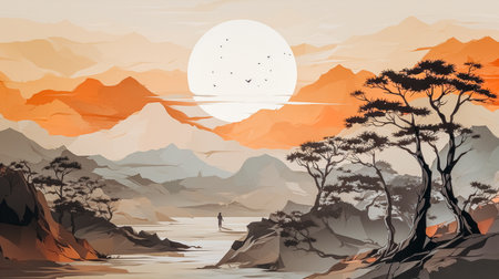 Fantasy landscape with mountains, lake and trees. Vector illustration.の素材