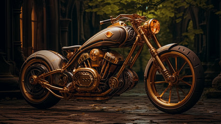 Vintage motorcycle on the street at night in Prague, Czech Republicの素材
